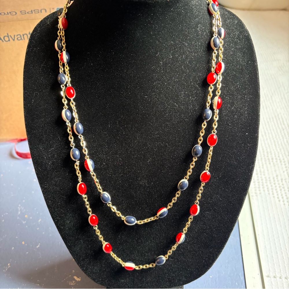 Vintage Red ,White and Blue Beaded Necklace